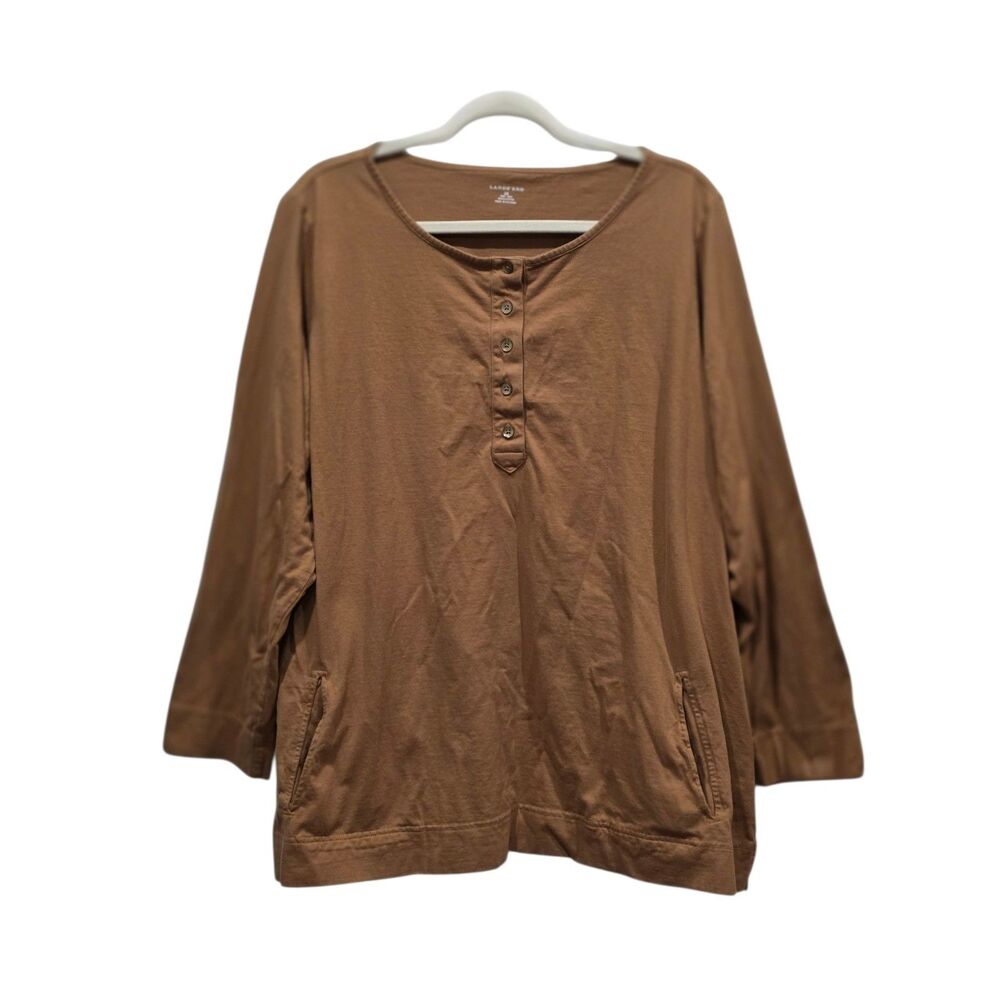 Lands' End Henley Tunic Top 3X 24W 26W Brown 100% Cotton Pocket Long Sleeve